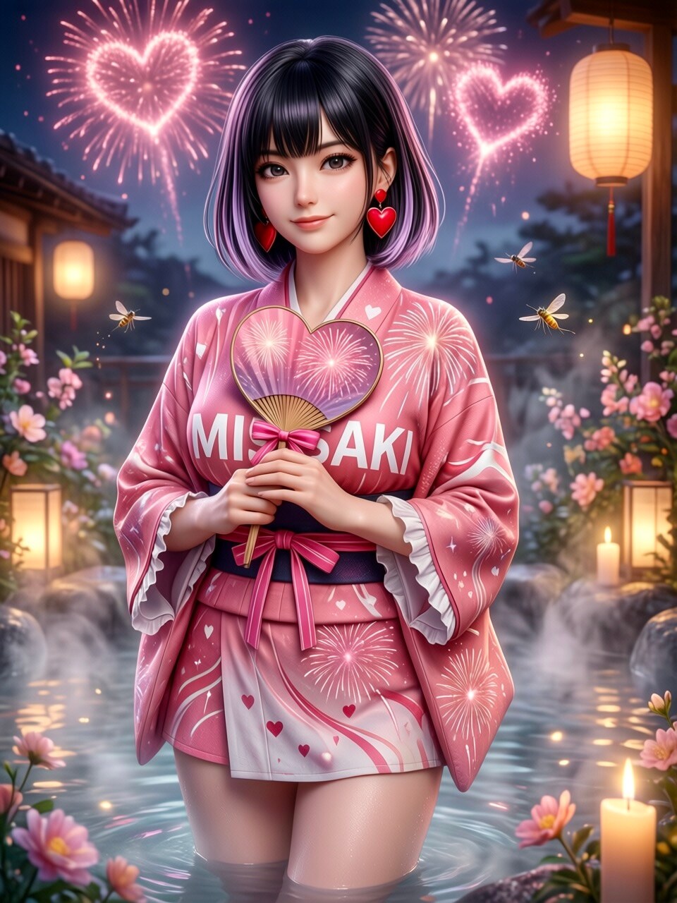 美咲さん💞花火に露天風呂、美咲浴衣バージョン１ | の人気AIイラスト・グラビア