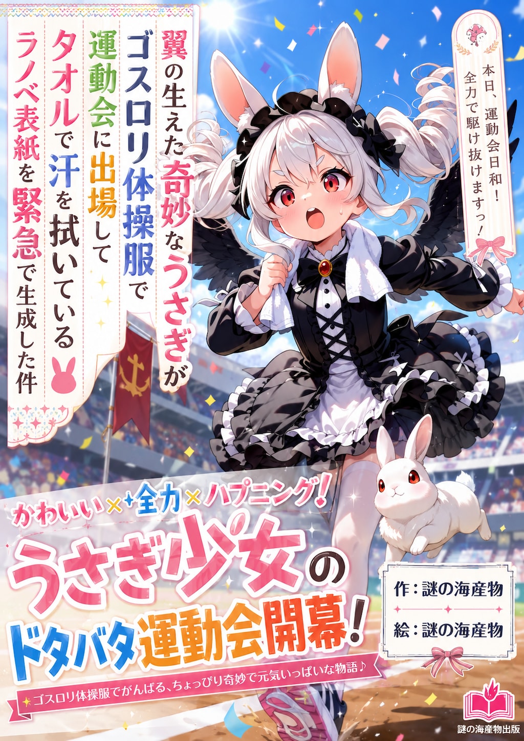 翼の生えた奇妙なうさぎがゴスロリ体操服で運動会に出場してタオルで汗を拭いているラノベ表紙を緊急で生成した件
