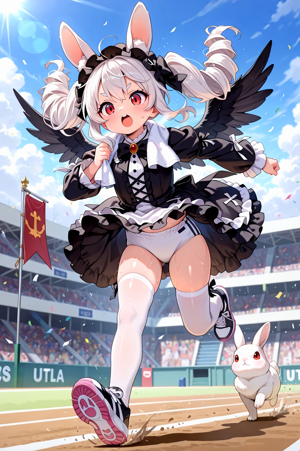 翼の生えた奇妙なうさぎがゴスロリ体操服で運動会に出場してタオルで汗を拭いているラノベ表紙を緊急で生成した件