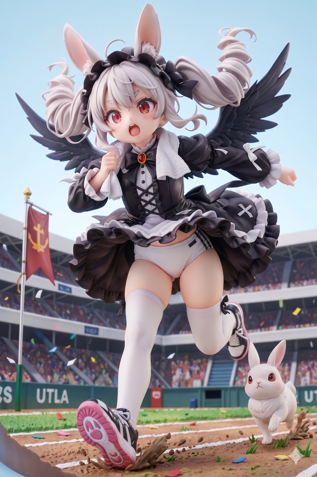 翼の生えた奇妙なうさぎがゴスロリ体操服で運動会に出場してタオルで汗を拭いているラノベ表紙を緊急で生成した件