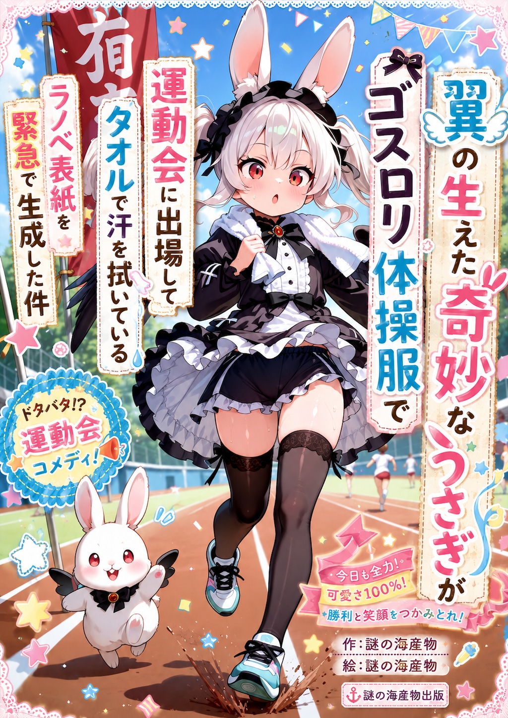 翼の生えた奇妙なうさぎがゴスロリ体操服で運動会に出場してタオルで汗を拭いているラノベ表紙を緊急で生成した件