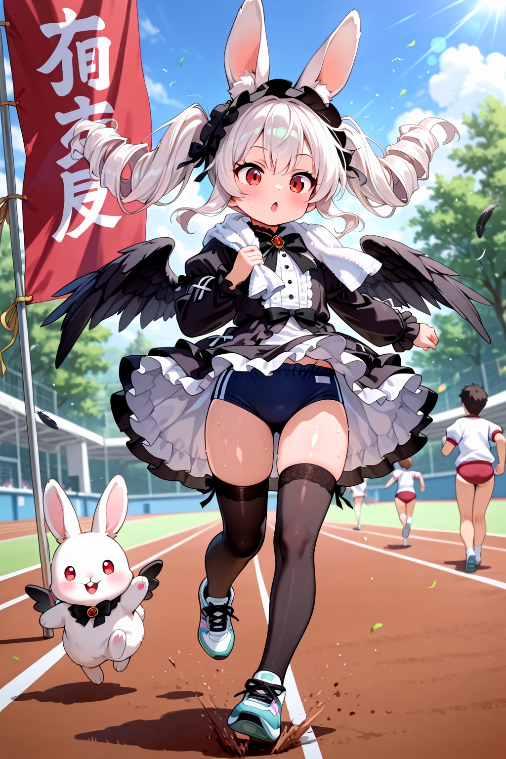 翼の生えた奇妙なうさぎがゴスロリ体操服で運動会に出場してタオルで汗を拭いているラノベ表紙を緊急で生成した件