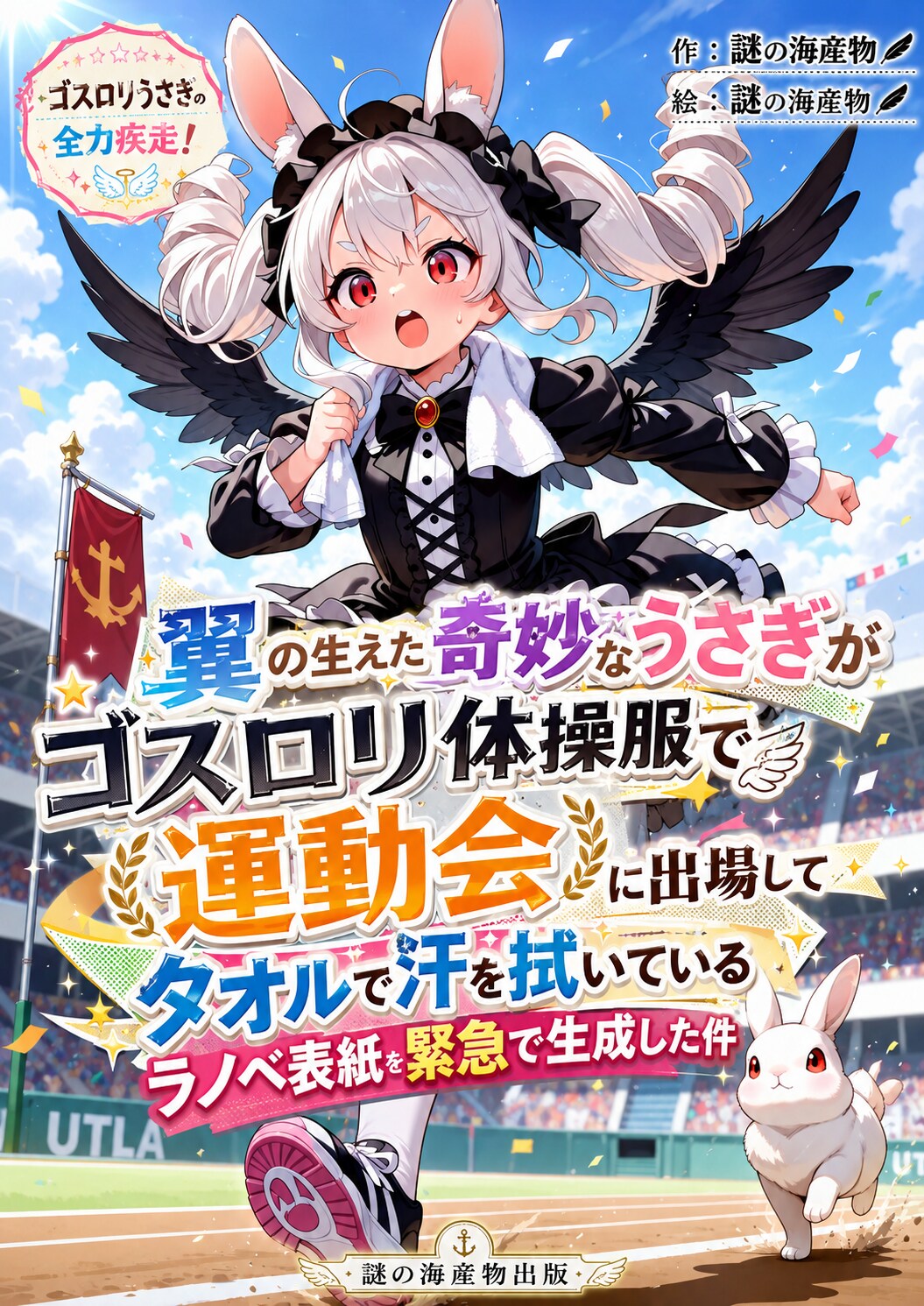 翼の生えた奇妙なうさぎがゴスロリ体操服で運動会に出場してタオルで汗を拭いているラノベ表紙を緊急で生成した件
