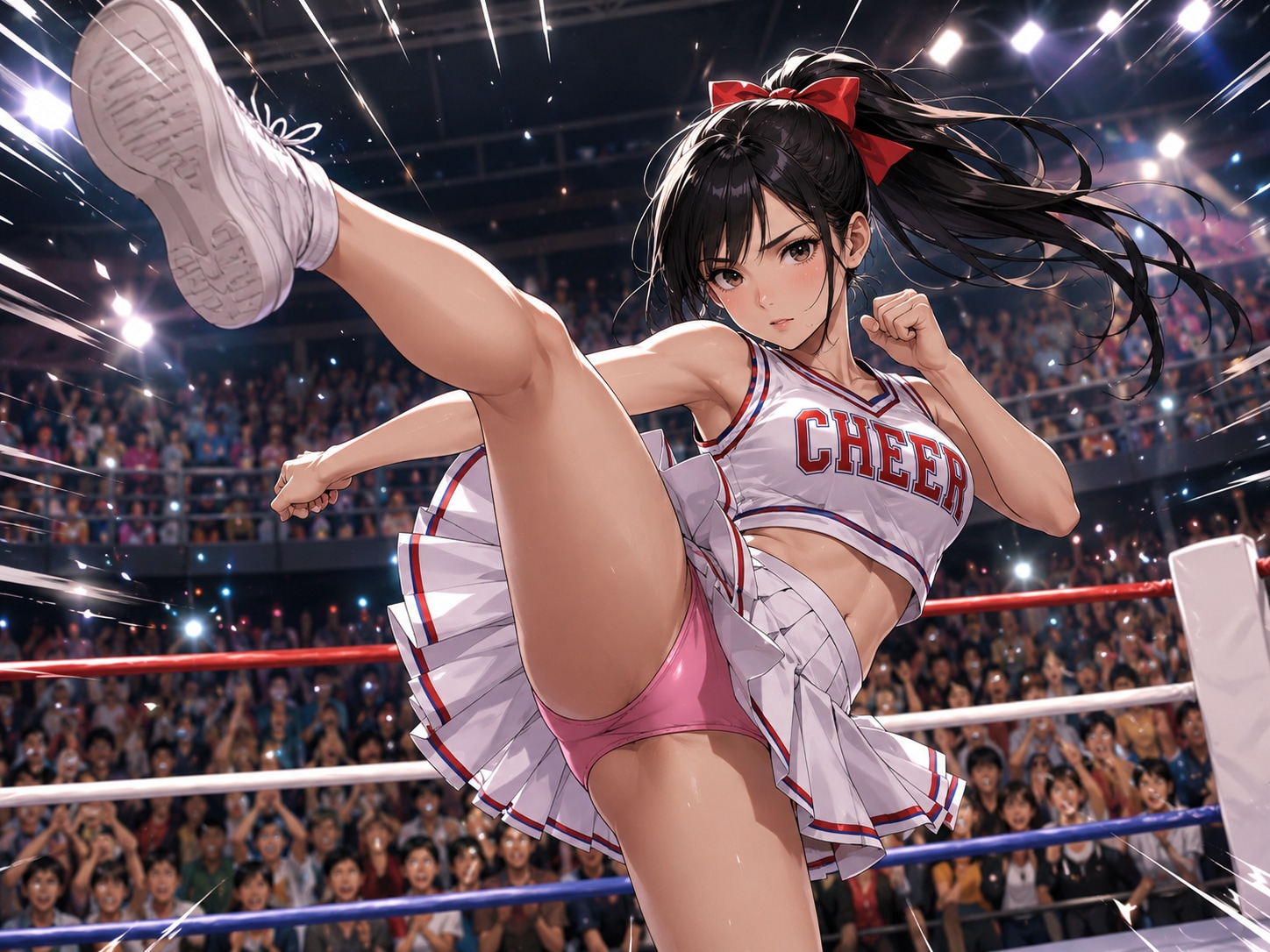 チア衣装の女性格闘家のハイキック
