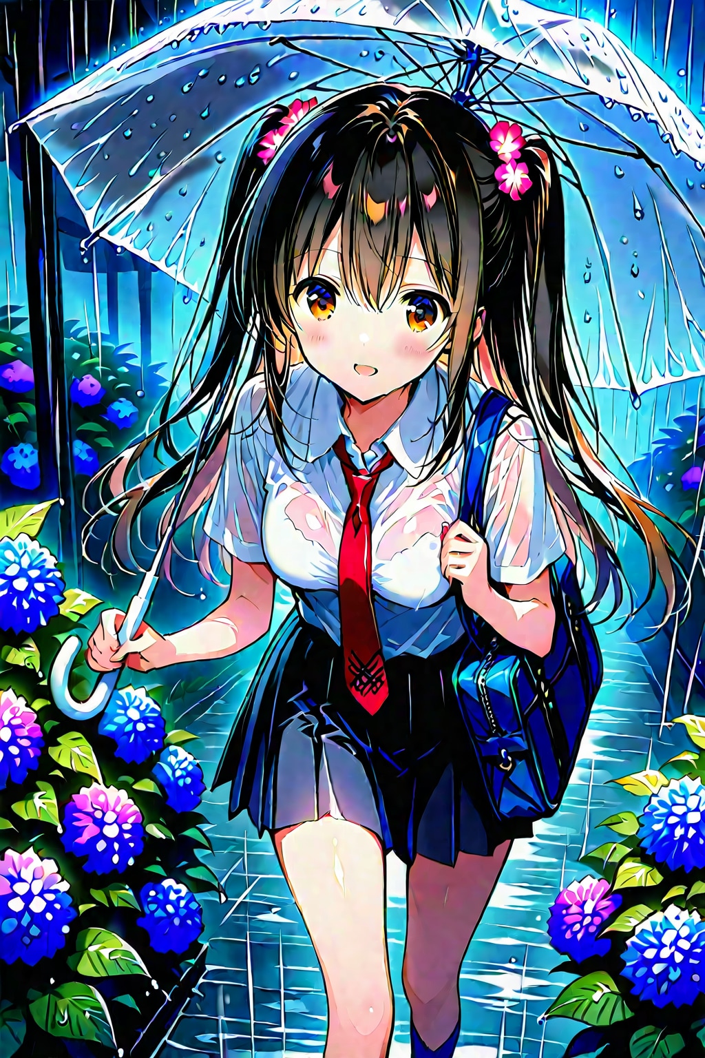 雨の中、傘を指して登校する女の子