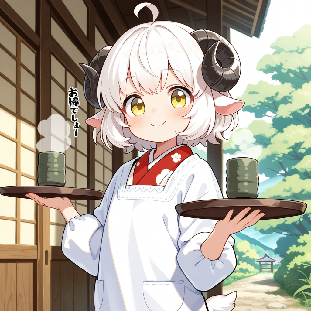 割烹着姿のメイちゃん