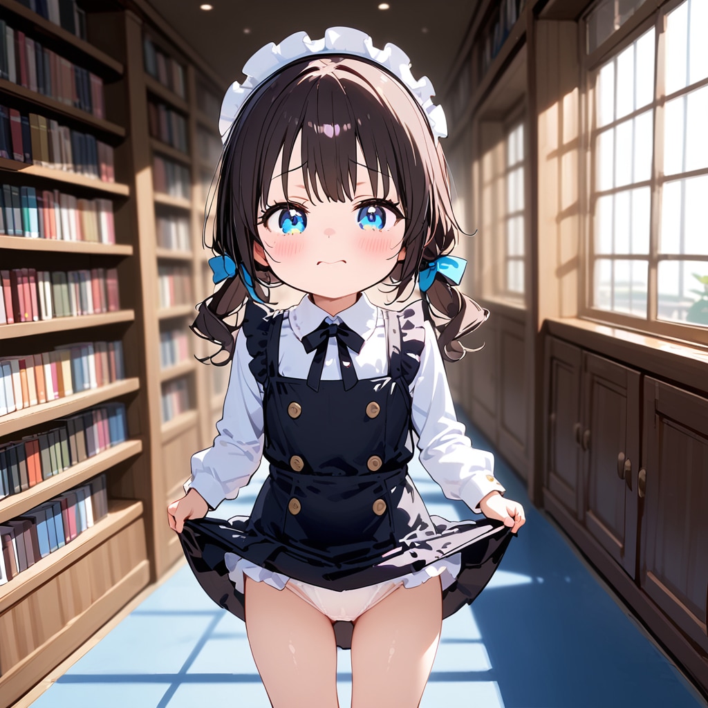図書館でスカートをめぐらされてる小さな女の子