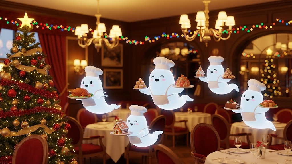 クリスマスディナーを準備するお化けシェフとお化けスタッフ達