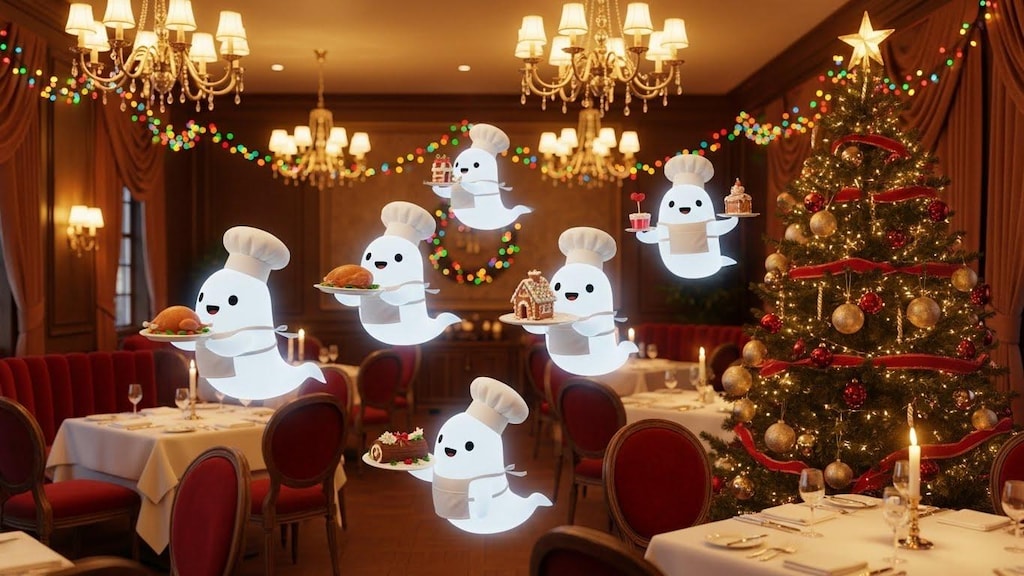 クリスマスディナーを準備するお化けシェフとお化けスタッフ達