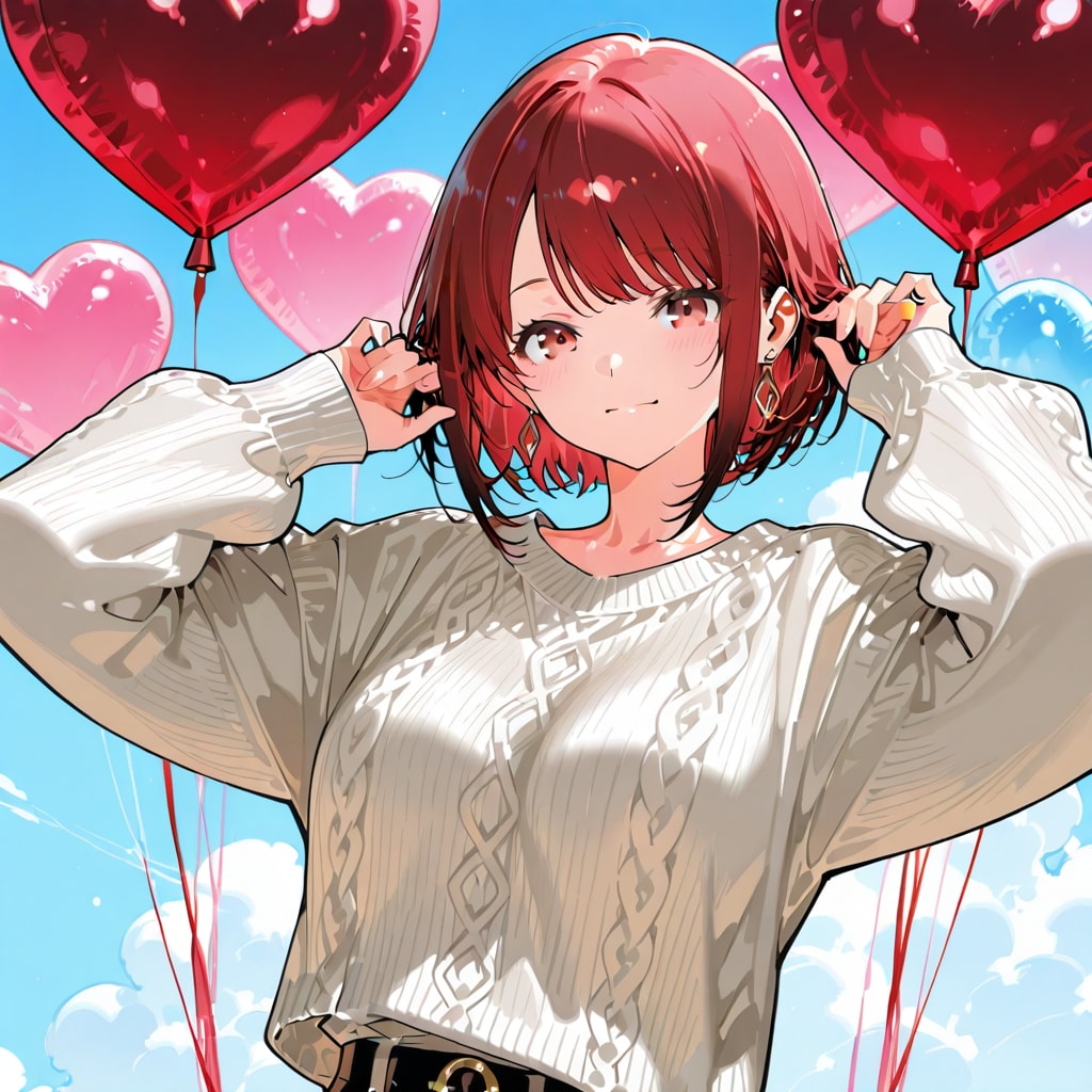 いっぱいハート風船を持つ赤い髪ショートカットのニット服着た美女。 | の人気AIイラスト・グラビア