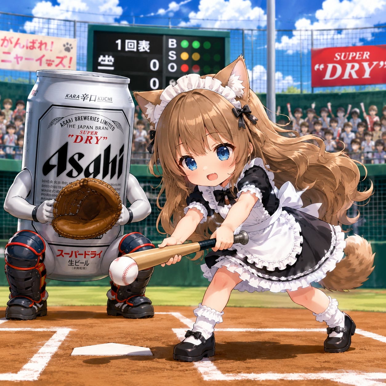 送りバントするメイドの小さな女の子