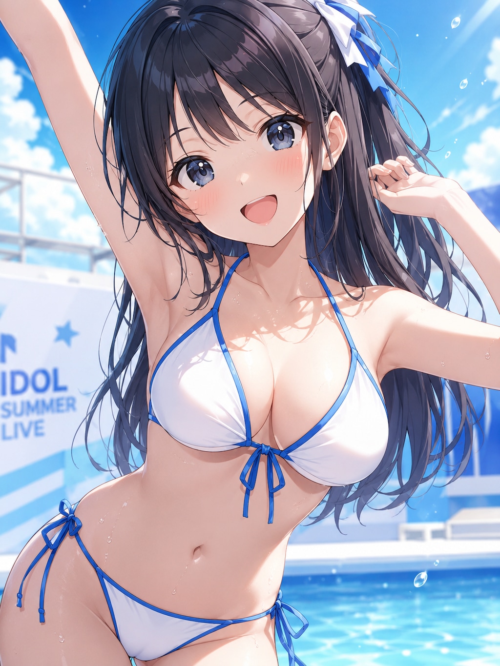 青いラインで縁取りした白いビキニ