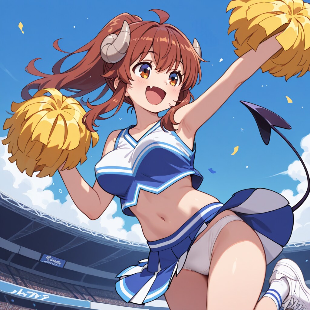 シャミ子がチアリーダー姿で片足と片腕を上げながら、パンティを露出する。