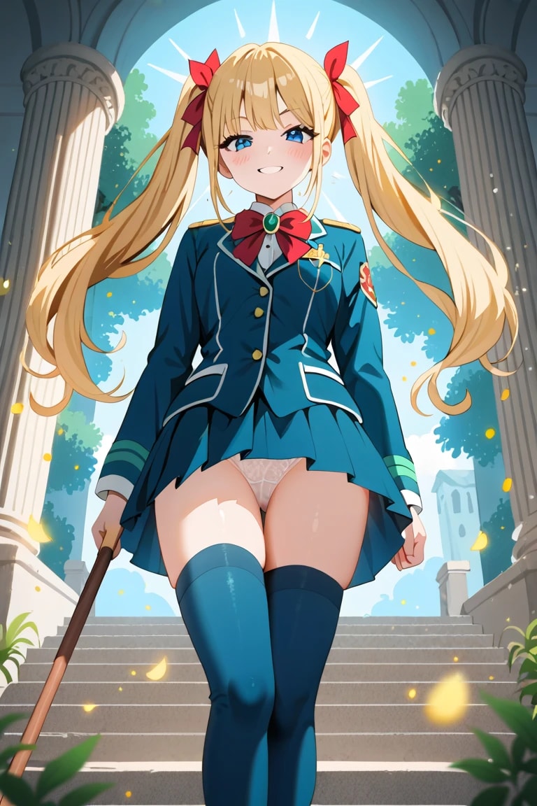 杖を持って階段に立つ金髪ツインテ制服莉奈ちゃん♡ 白パンツあざといポーズ🌟