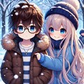 冬の日のデートの眼鏡男子と小さな女の子 2枚目