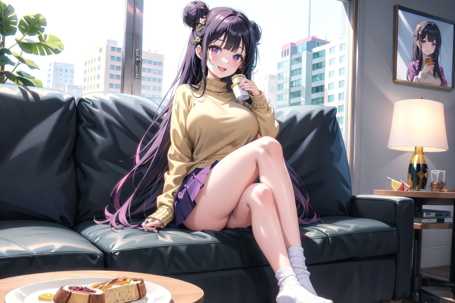 お団子頭と紫