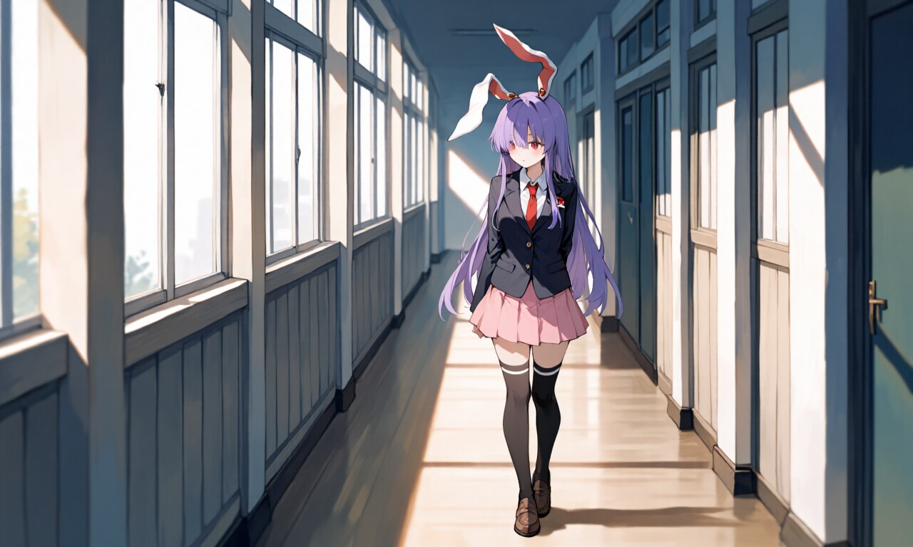 校舎を散歩するうどんげ　東方白昼夢をイメージ