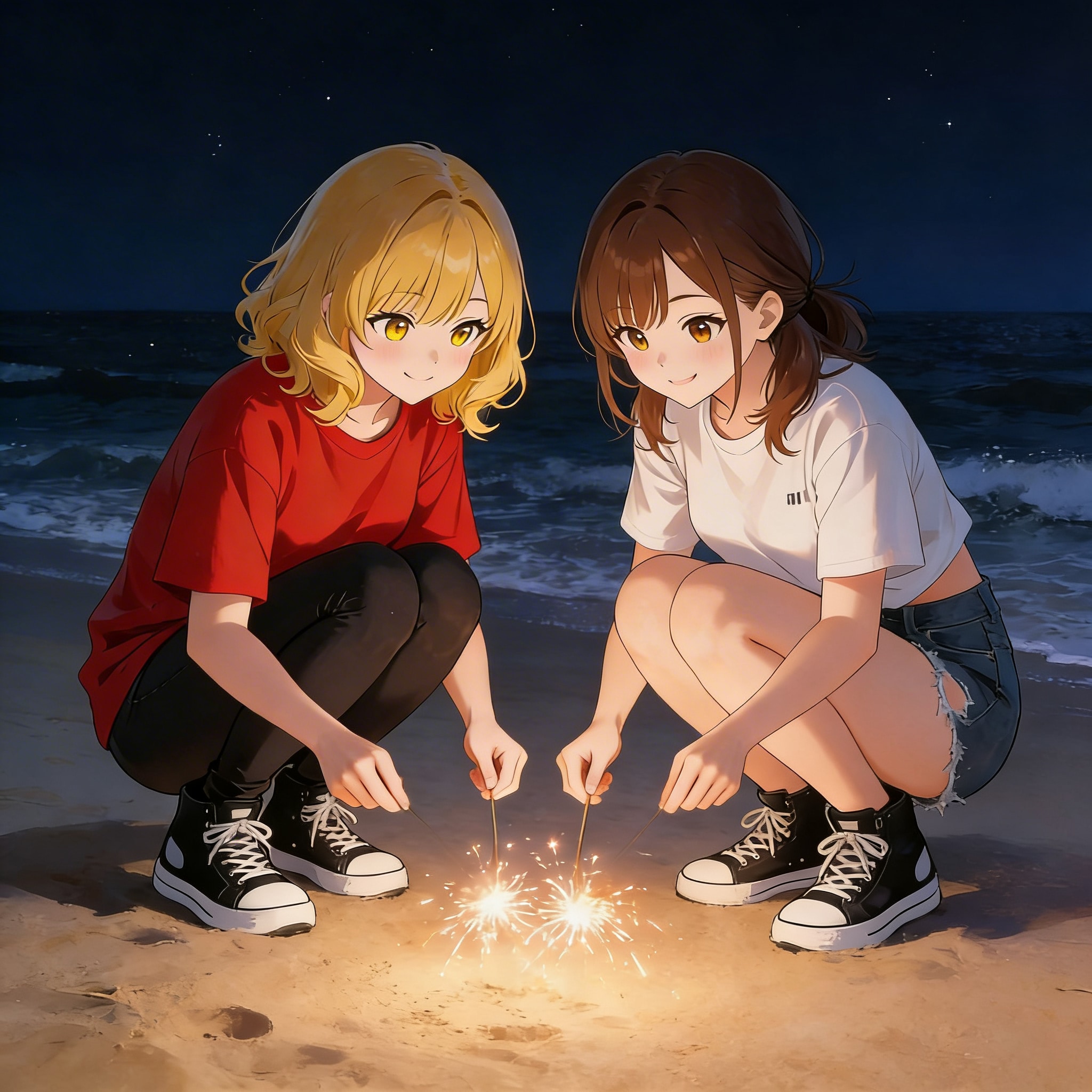 夜のビーチで線香花火