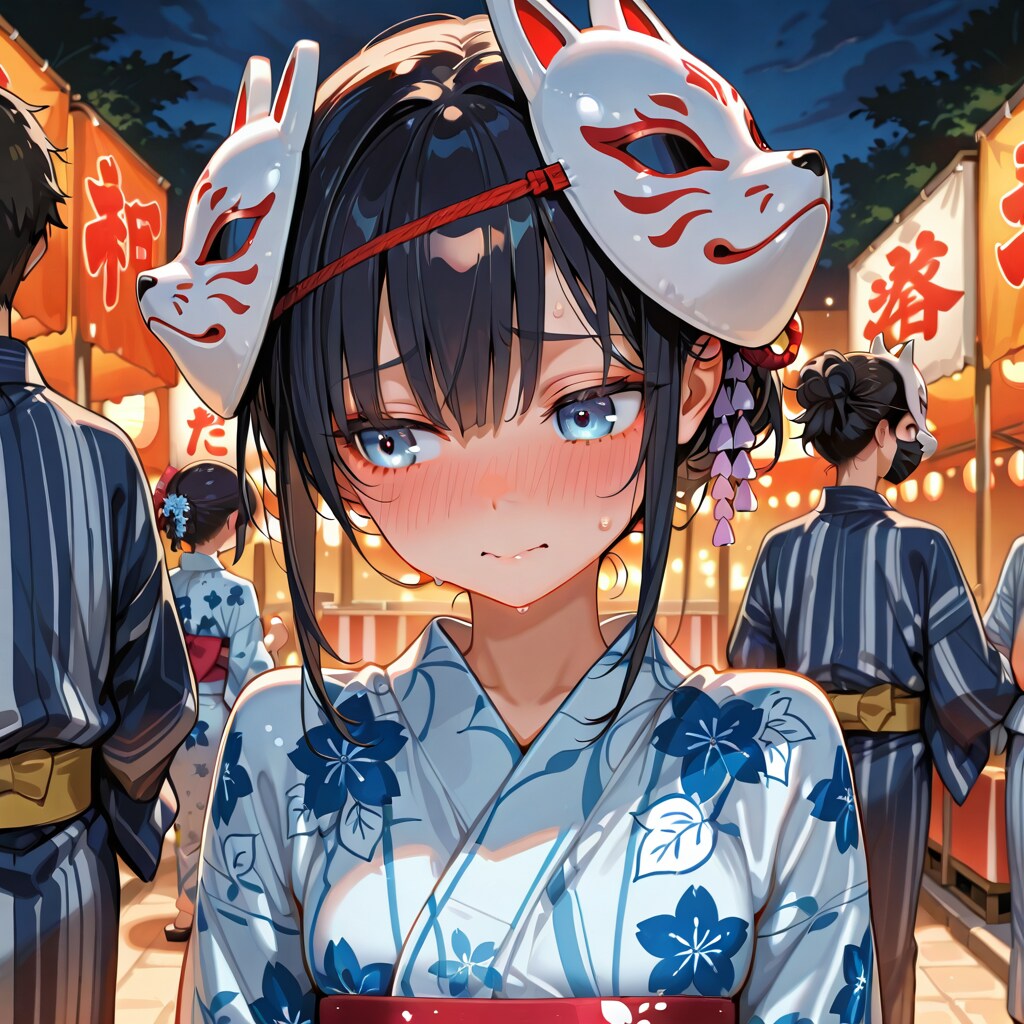 夏祭りお面照れ