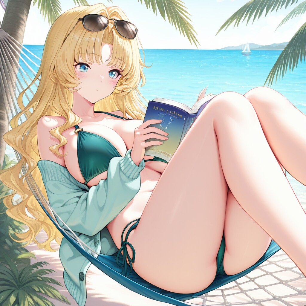 ハンモックで読書しながらくつろぐなつみ