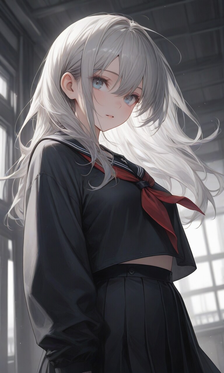 白髪ロングJKモノクロ