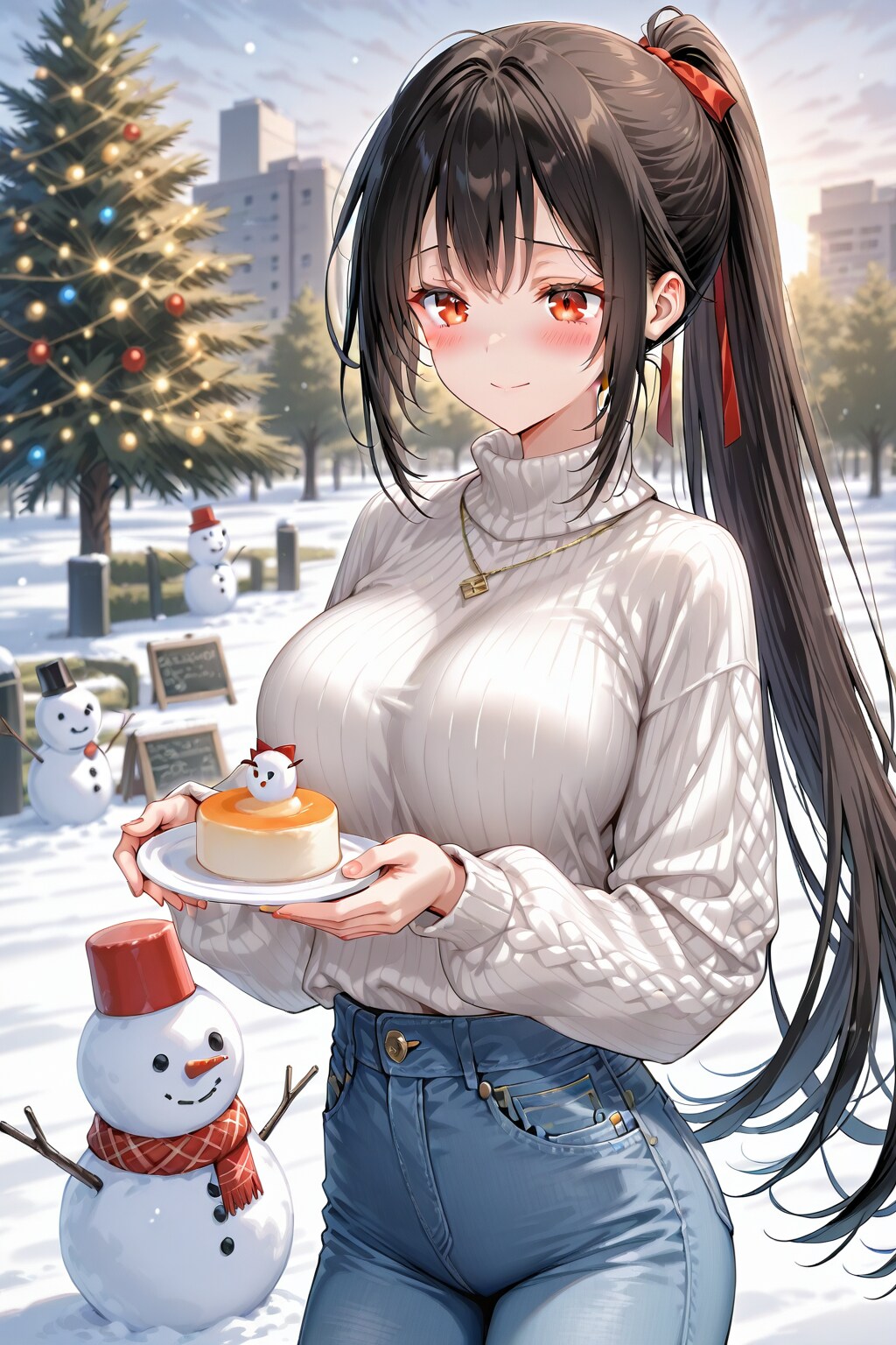 公園の雪だるまと黒髪ポニーテールの女の子
