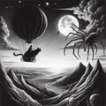 モノクロインク画ファンタジー、気球に乗り旅をする猫 2枚目