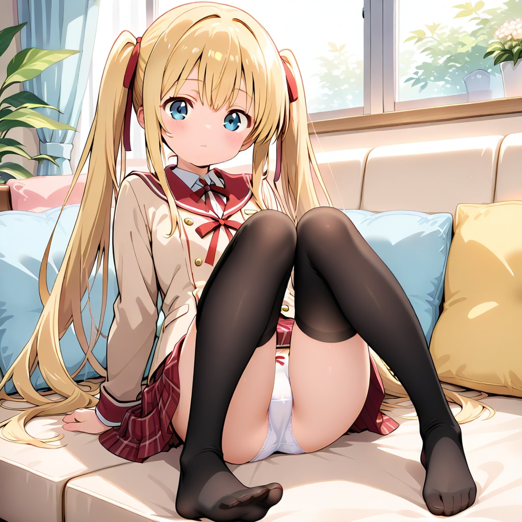 ソファで黒ニーハイ脚広げ白パンツ