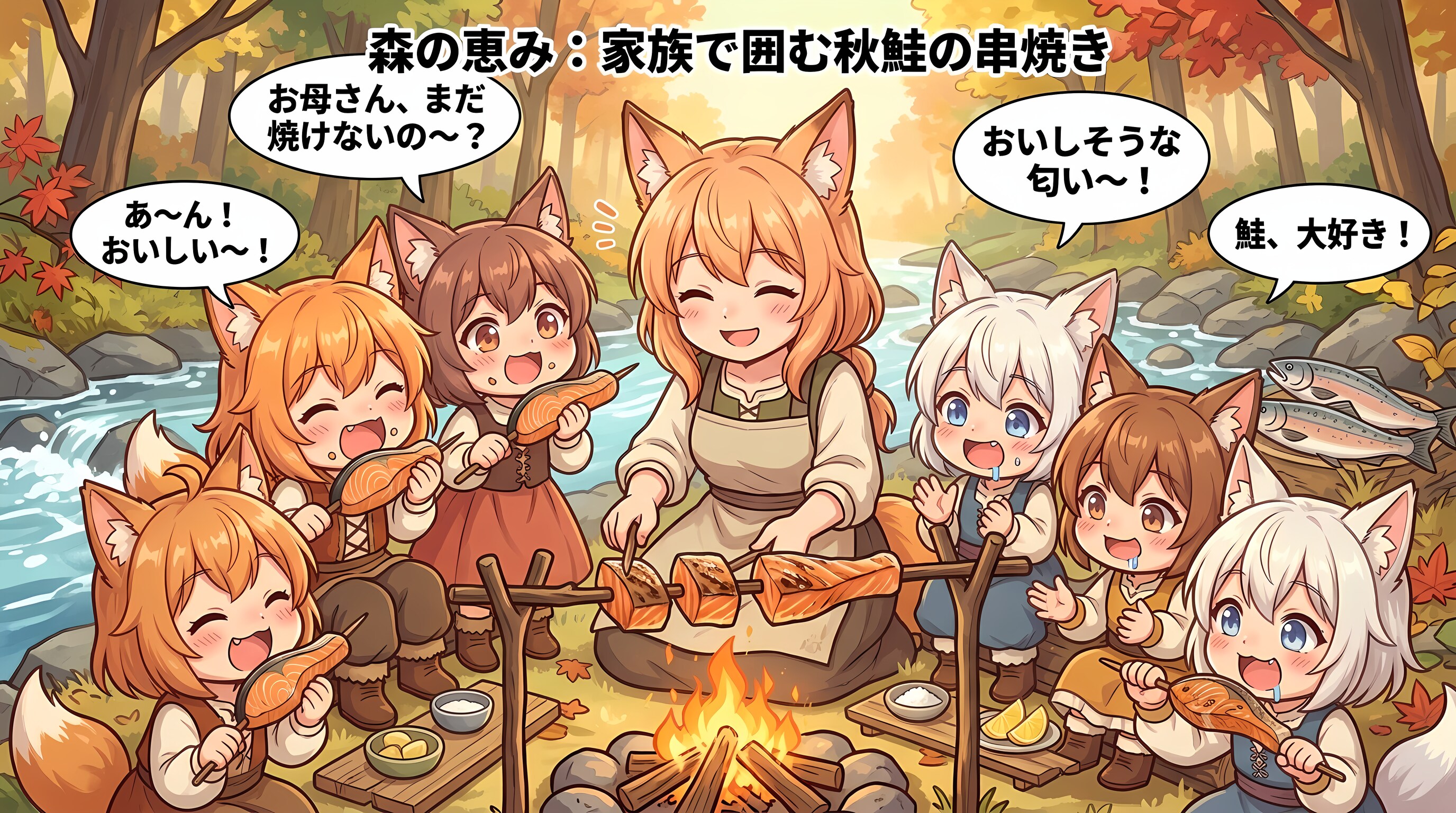 【襲来！秋の味覚！】ケモミミ親子ｘ秋鮭の串焼き | の人気AIイラスト・グラビア