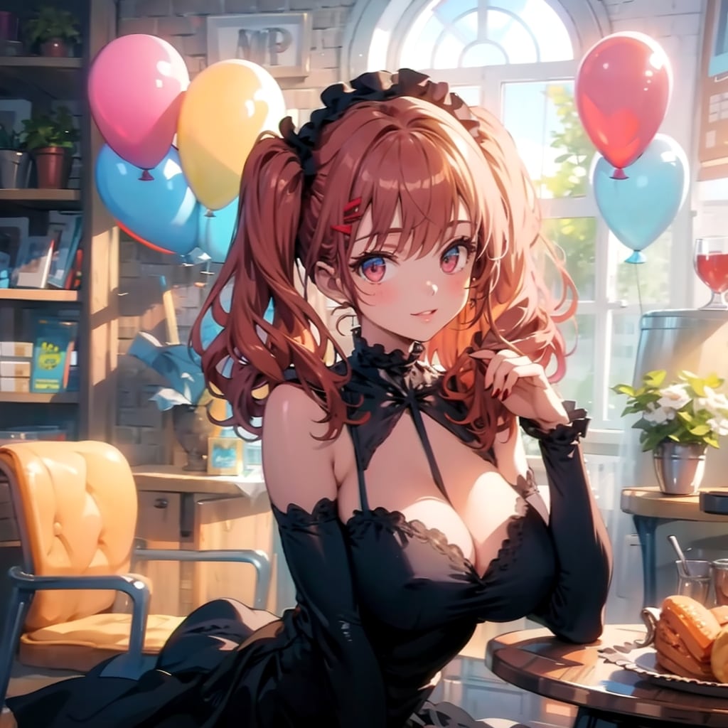 いっぱい色とりどりの風船を持つ赤い髪ツインテールのゴスロリ衣装着た美女 | の人気AIイラスト・グラビア