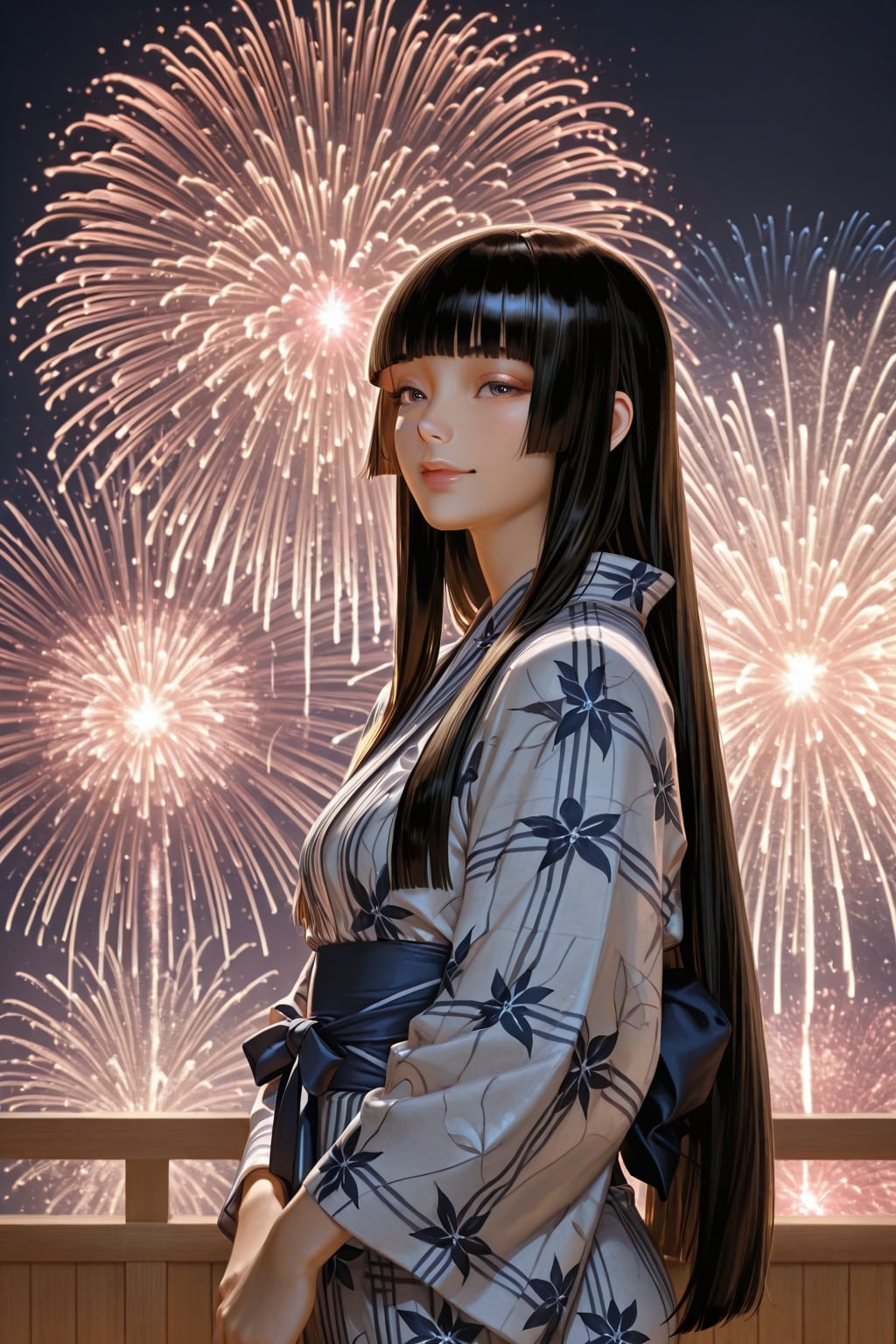 姫カット娘が浴衣姿で花火を観る