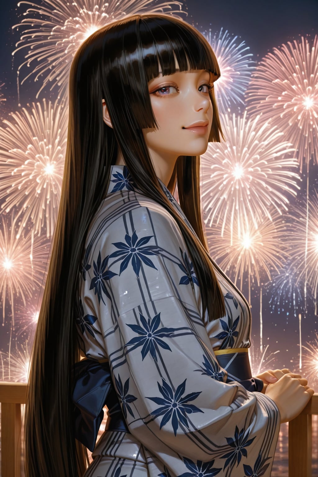 姫カット娘が浴衣姿で花火を観る