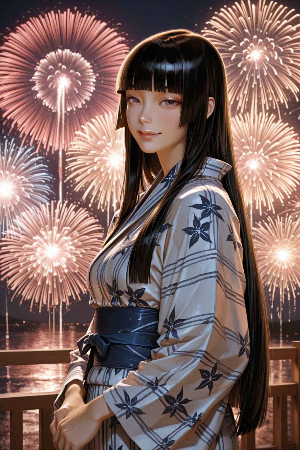 姫カット娘が浴衣姿で花火を観る | の人気AIイラスト・グラビア