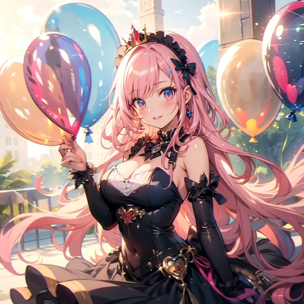 色とりどりの風船を持つピンク髪ロングのお姫様 | の人気AIイラスト・グラビア