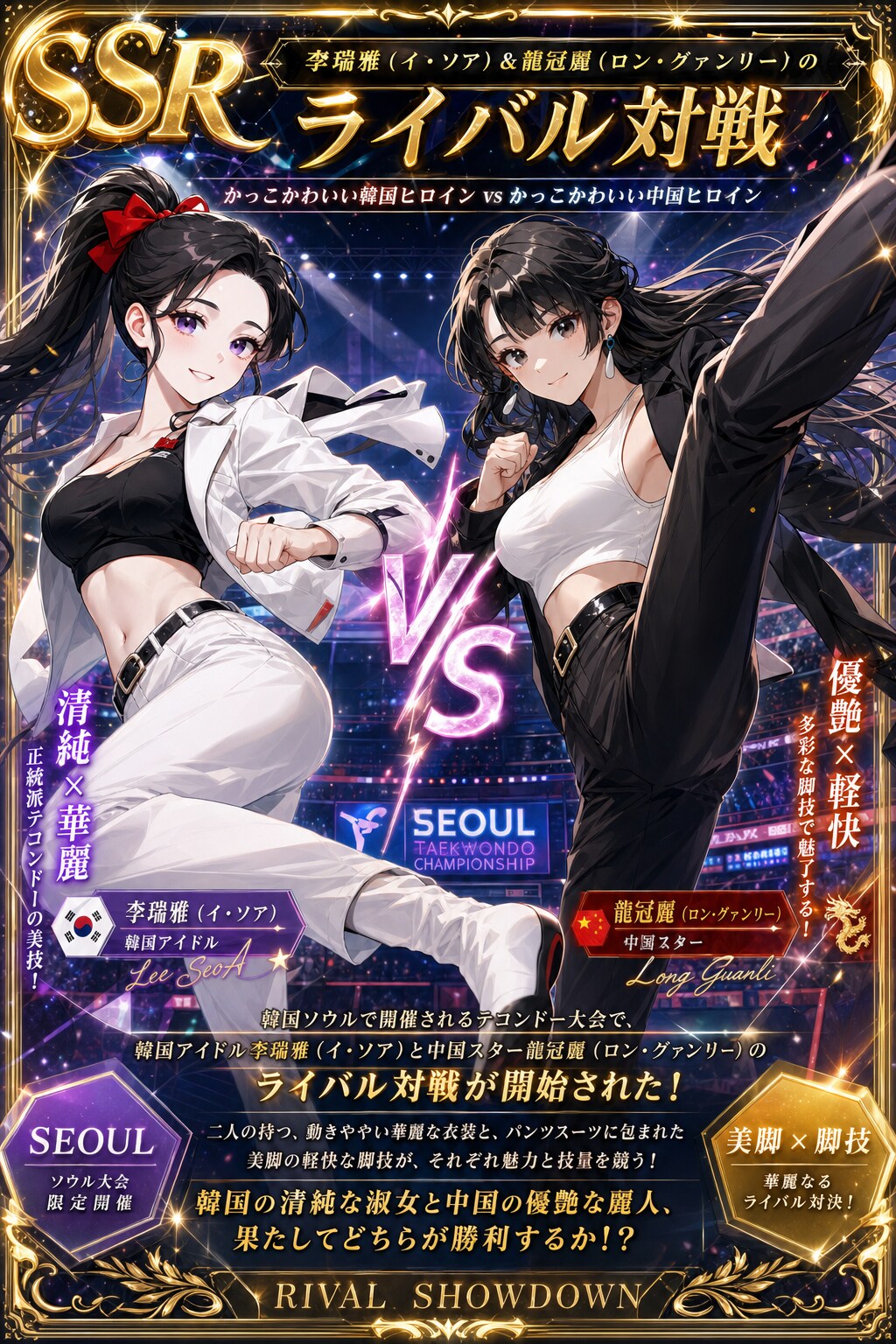 SSRカード　かっこかわいい韓国ヒロイン vs かっこかわいい中国ヒロイン　李瑞雅（イ・ソア）＆龍冠麗（ロン・グァンリー）のライバル対戦　正攻法