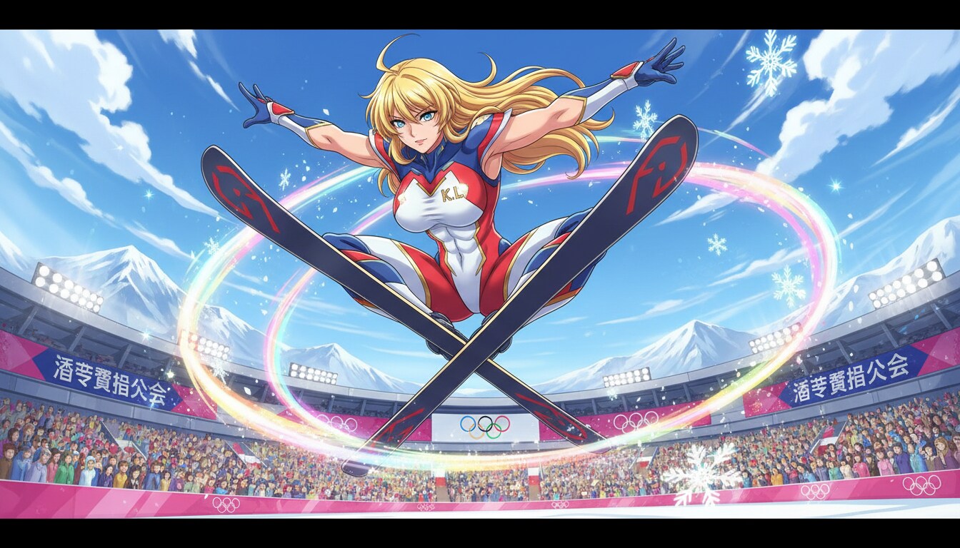 スキージャンプを披露するカテジナさん。