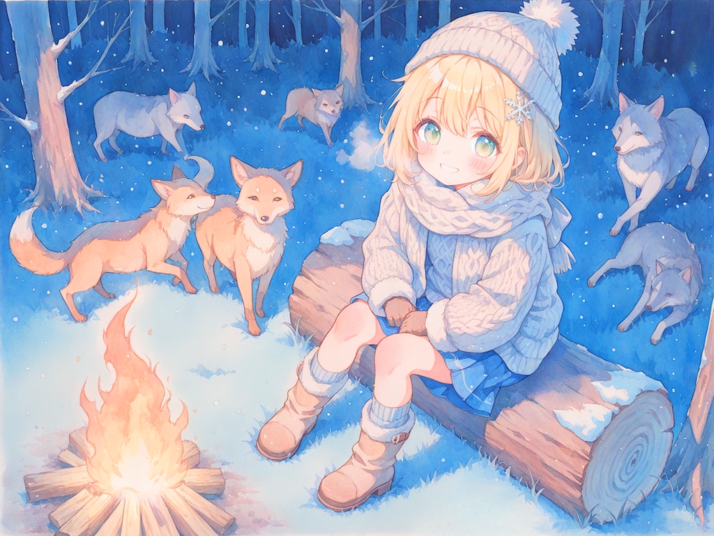 焚き火に集う森の仲間達