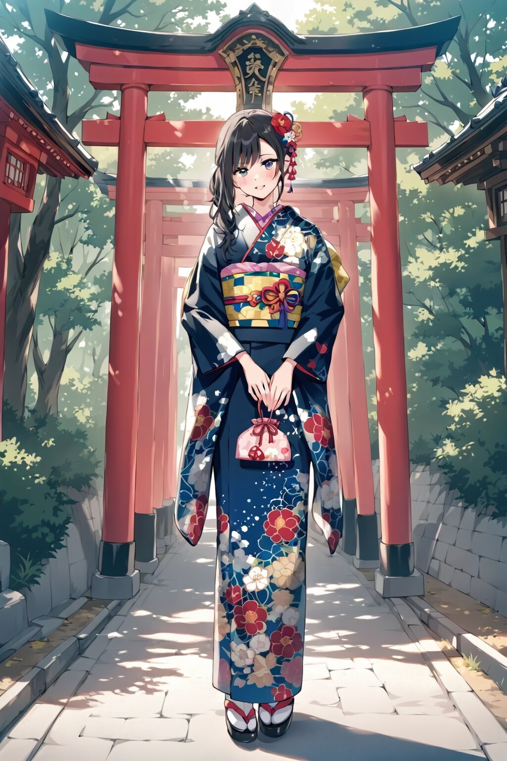 「黒髪の着物美人」の全身写真