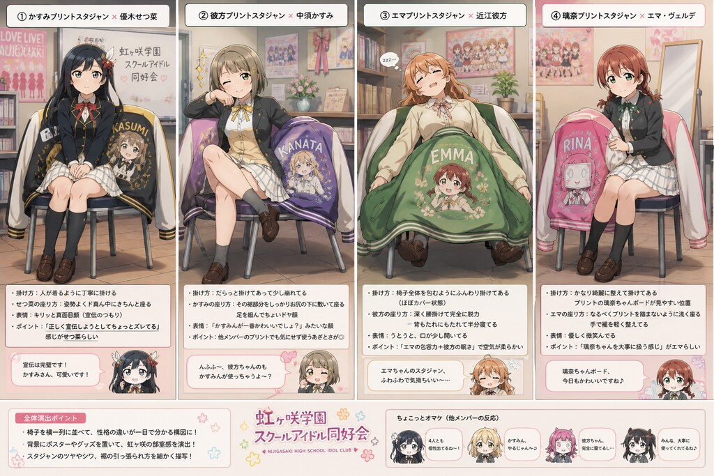 プリントしたスタジャンをお尻に敷いて座る優木せつ菜＆中須かすみ＆近江彼方＆エマ・ヴェルデ