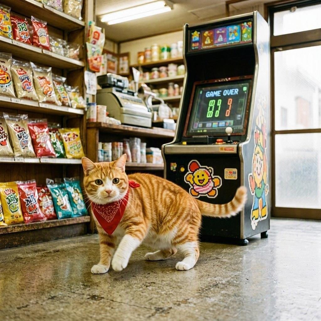 駄菓子屋でゲームする猫