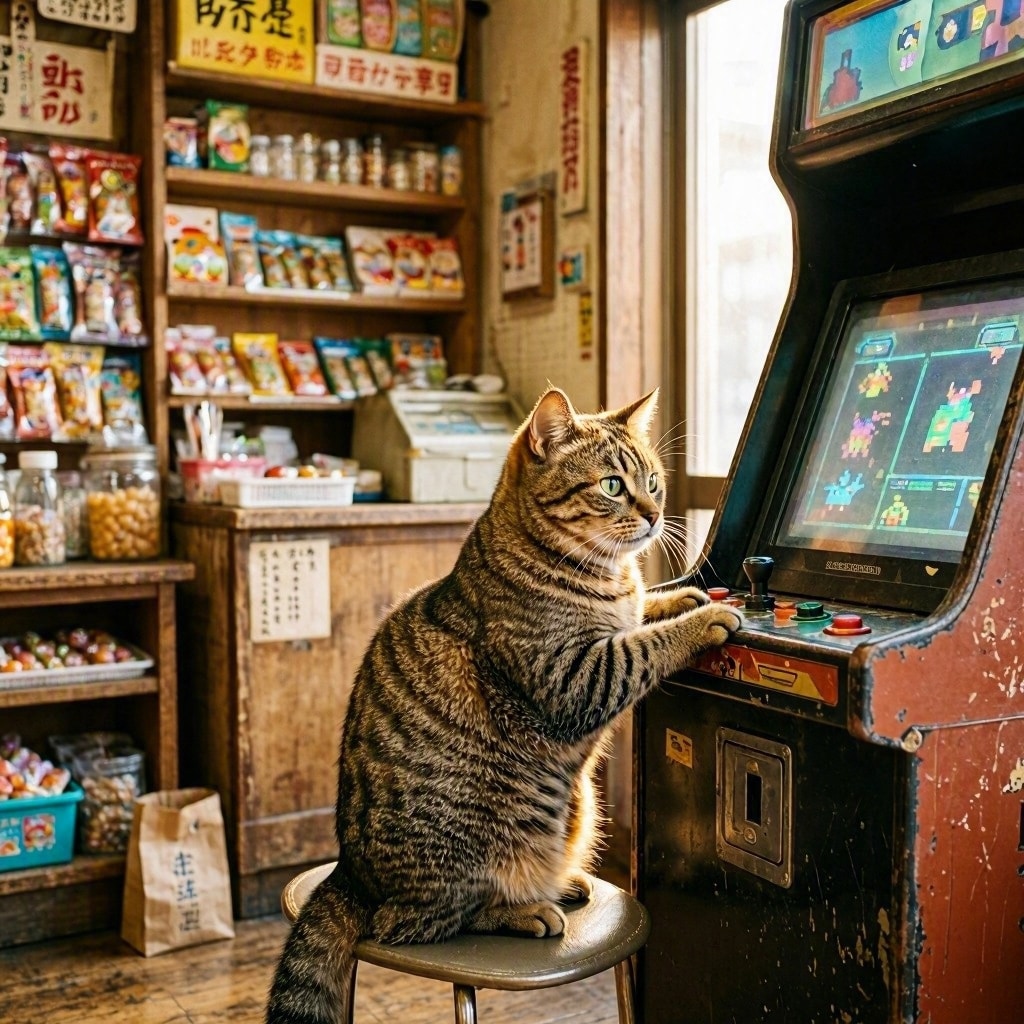 駄菓子屋でゲームする猫 | の人気AIイラスト・グラビア