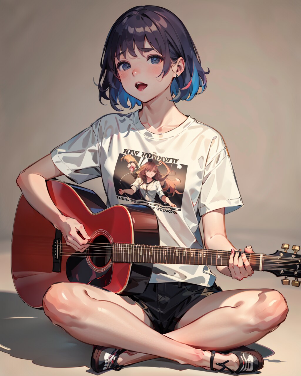 あぐらてギターを弾いて歌っている
