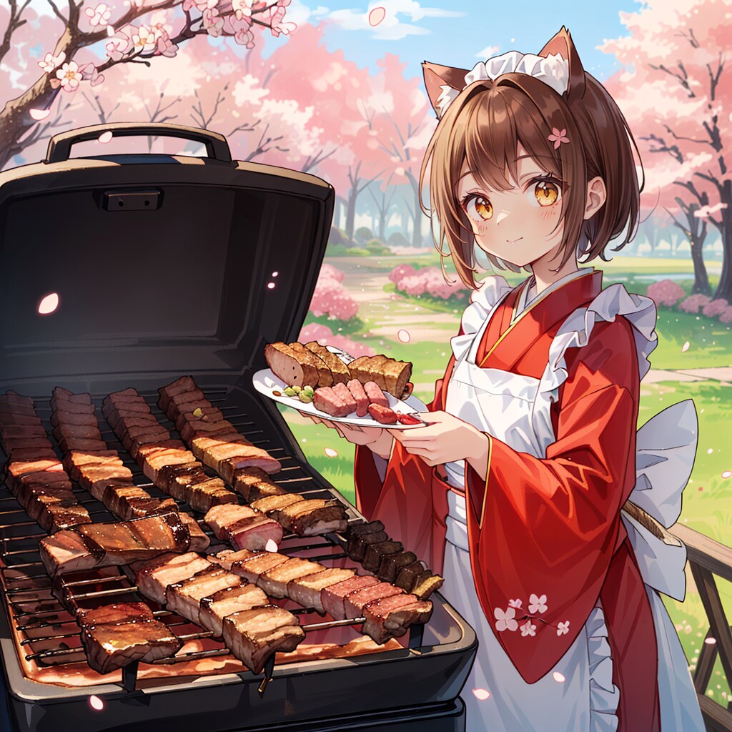 花見会場で肉を焼く着物エプロン姿の猫娘