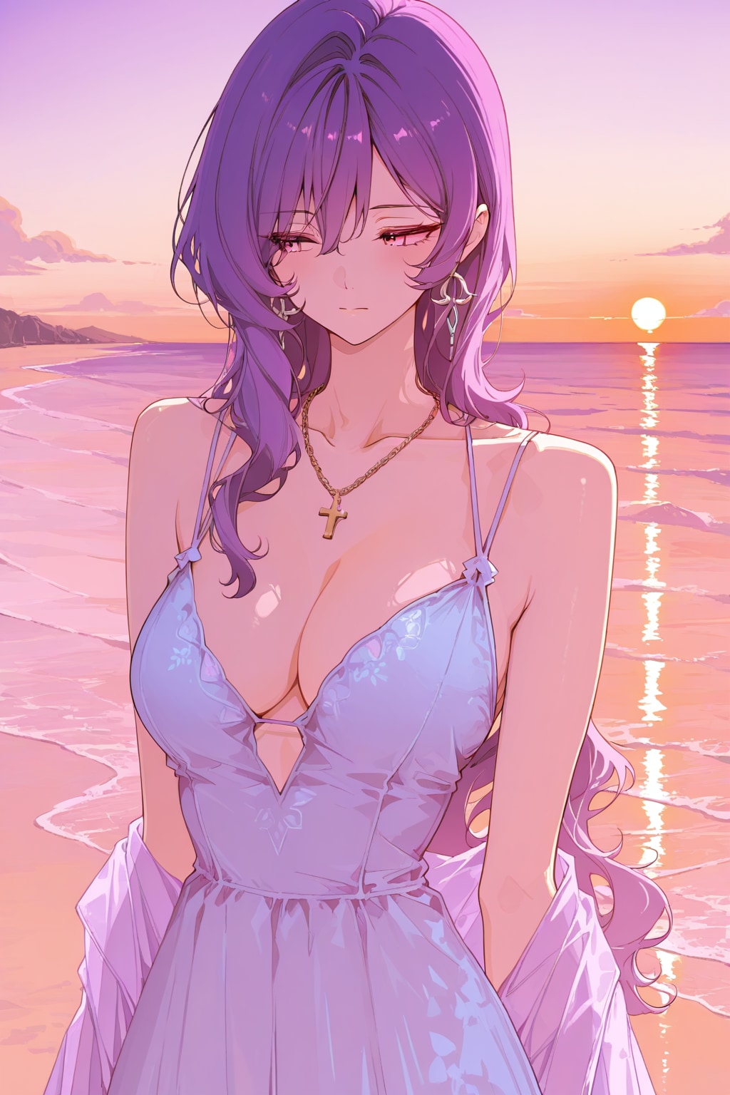 夕日に染まる海辺で