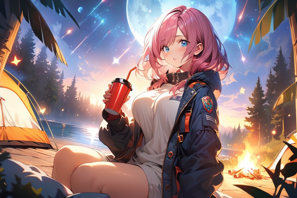 湖畔のキャンプ場で星と月