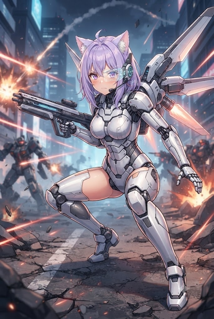 反政府軍と市街戦をするメカ娘のシス