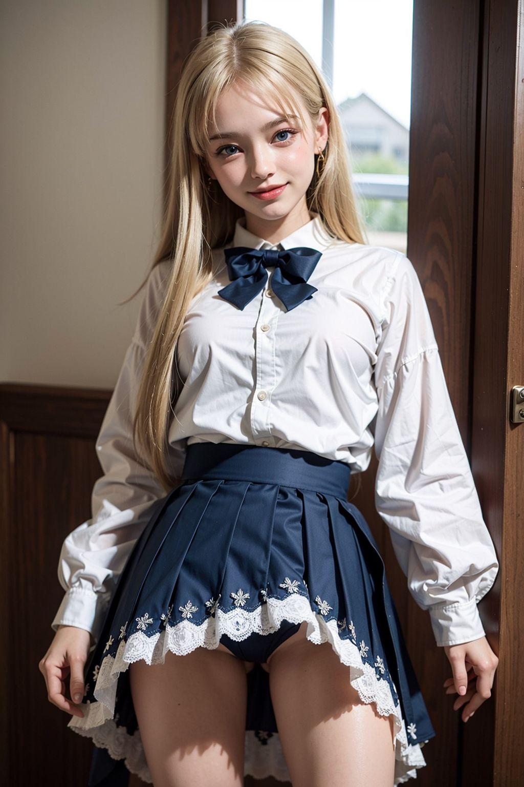 AIイラスト白ギャル貧乳ロリ顔　エロ画像　服ぺちゃん　18歳女子校生海外コスプレイヤー　パンツ見えちゃった