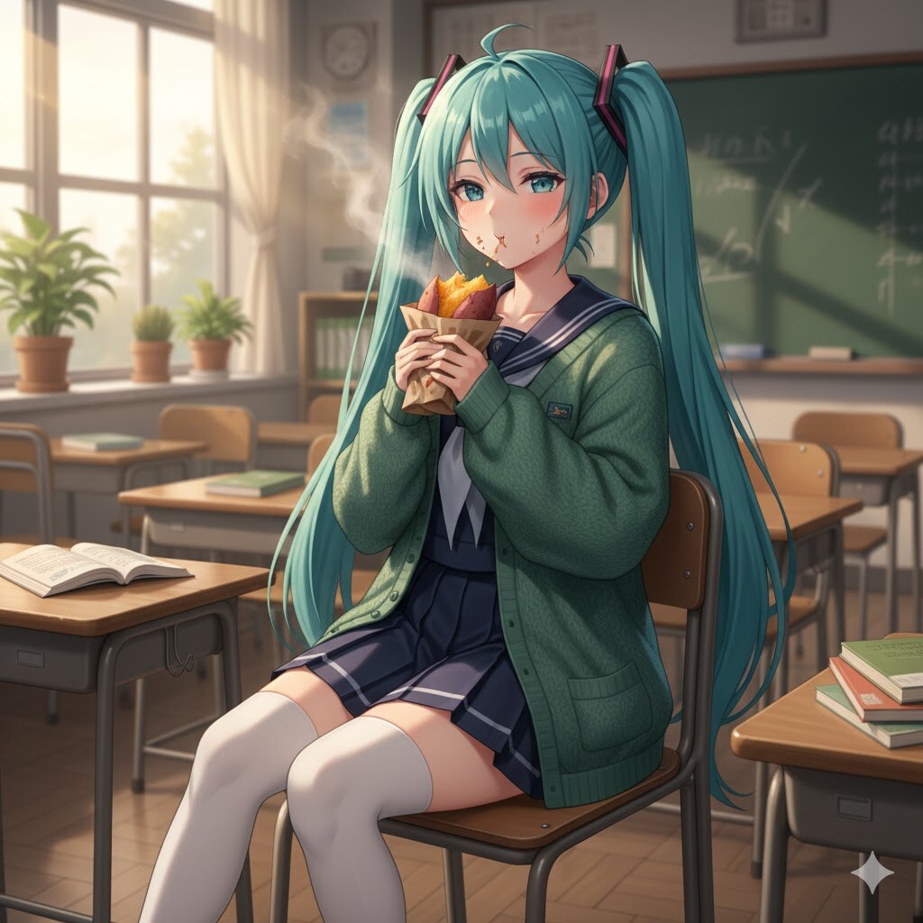 教室で焼き芋を食べているミクさん | の人気AIイラスト・グラビア