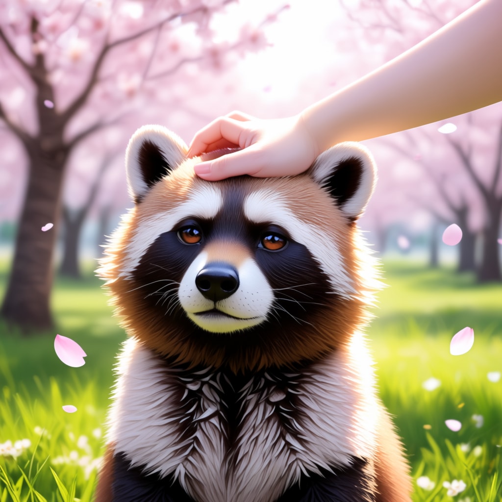 頭を撫でられるマメタヌキちゃん