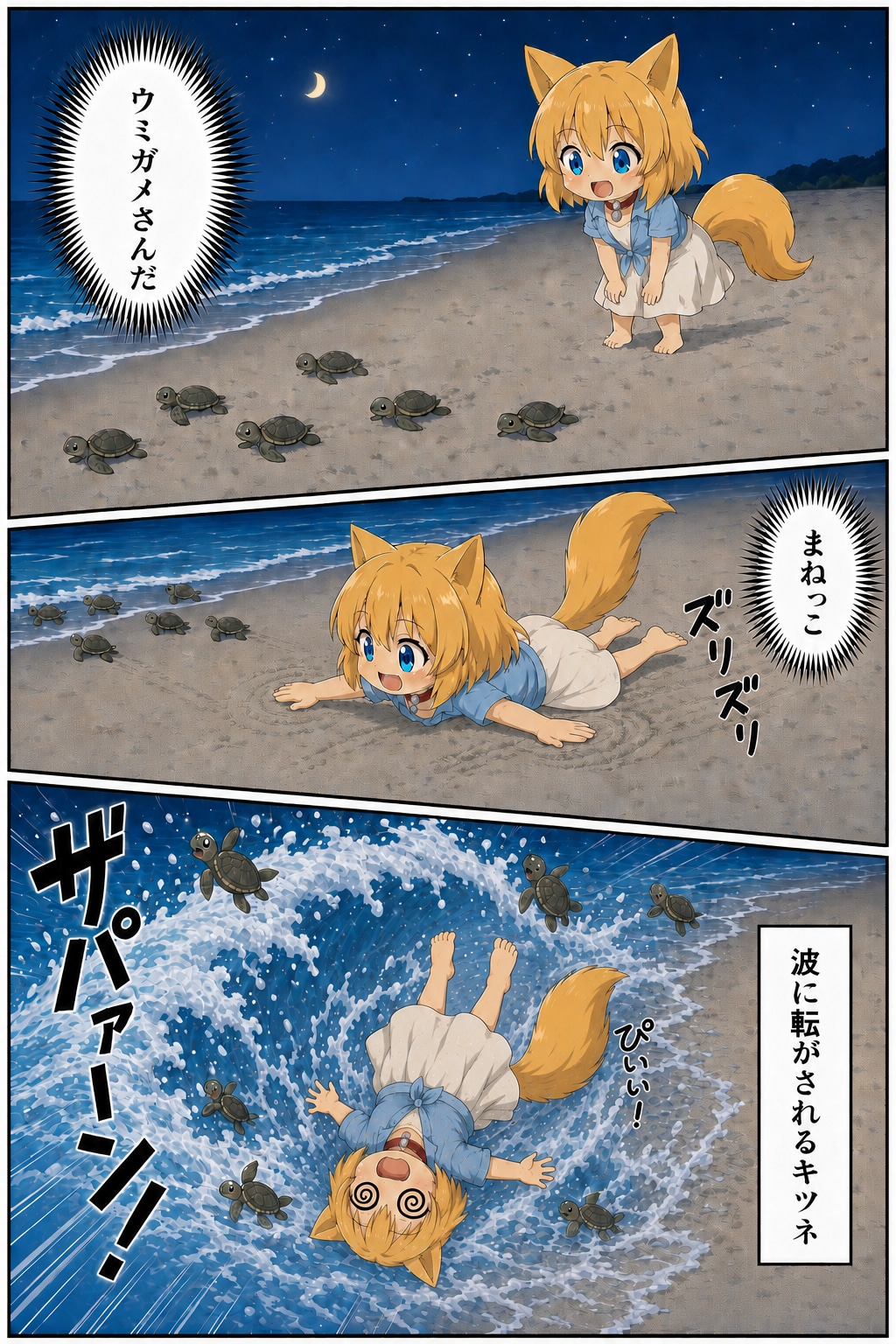 ウミガメさんと遭遇するキツネ